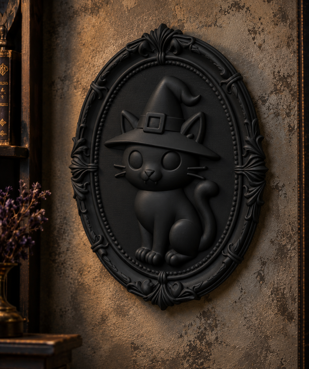 The Familiar's Ward — Witch Cat Wall Plaque, Gothic Halloween Wall Decor