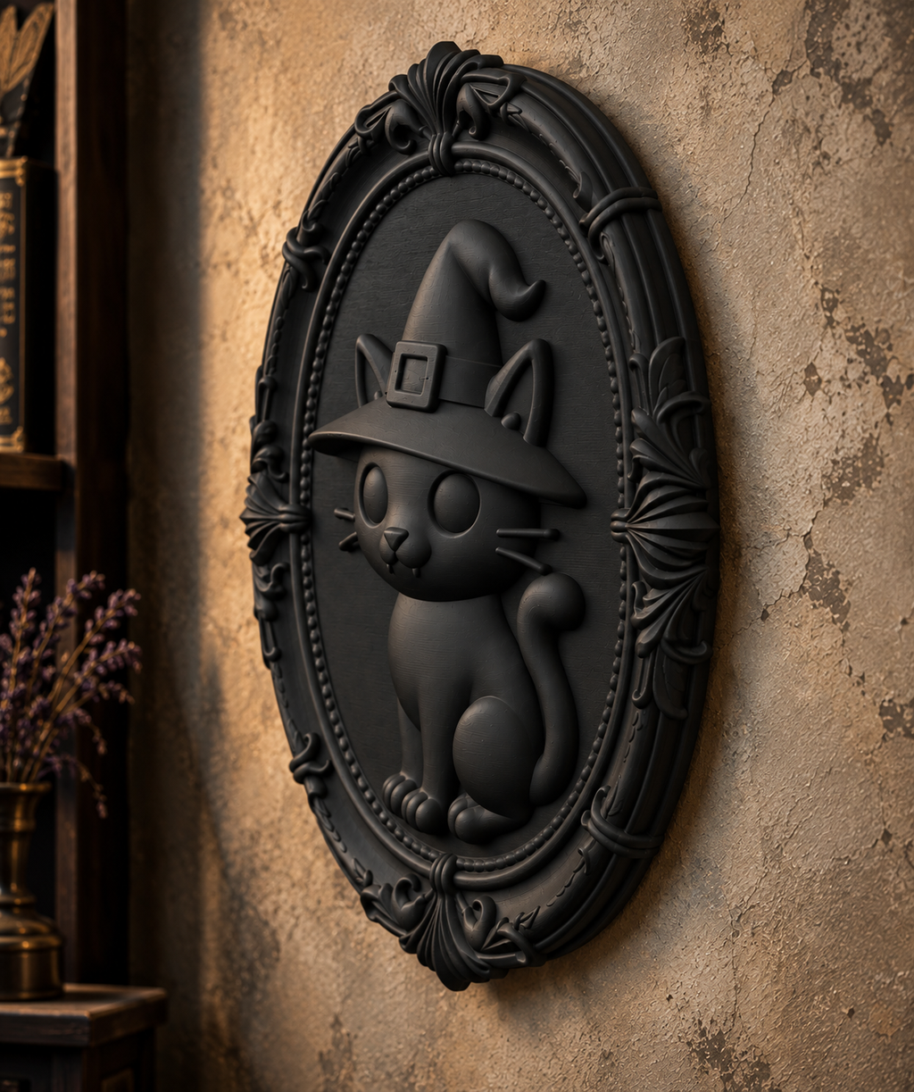 The Familiar's Ward — Witch Cat Wall Plaque, Gothic Halloween Wall Decor