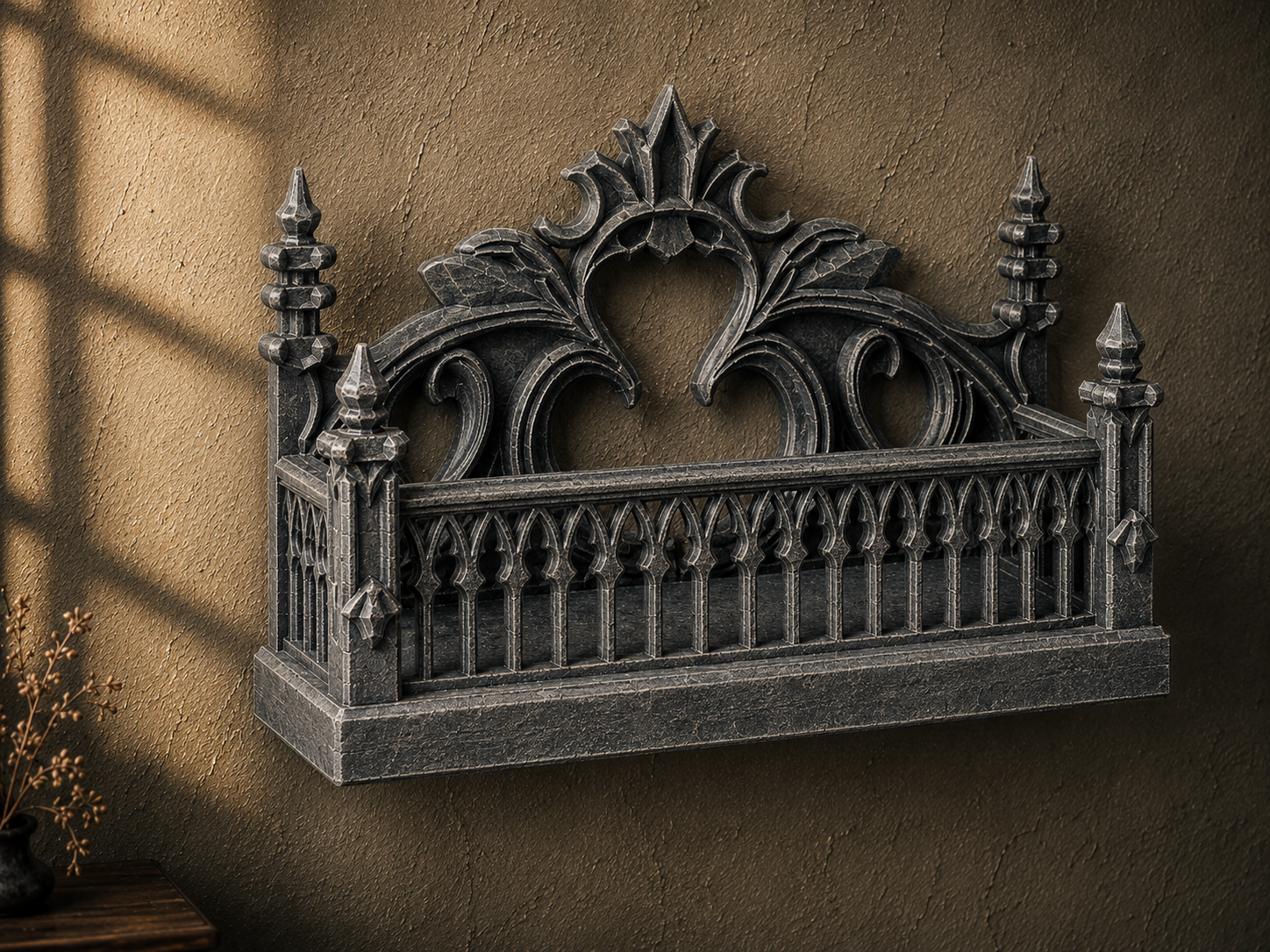 The Thorned Grove — Botanical Gothic Wall Shelf, Leaf Crystal Shelf, Hand-Painted