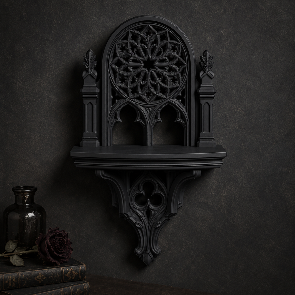 The Rose Chapel — Cathedral Wall Shelf, Gothic Rose Window Shelf, Hand-Painted