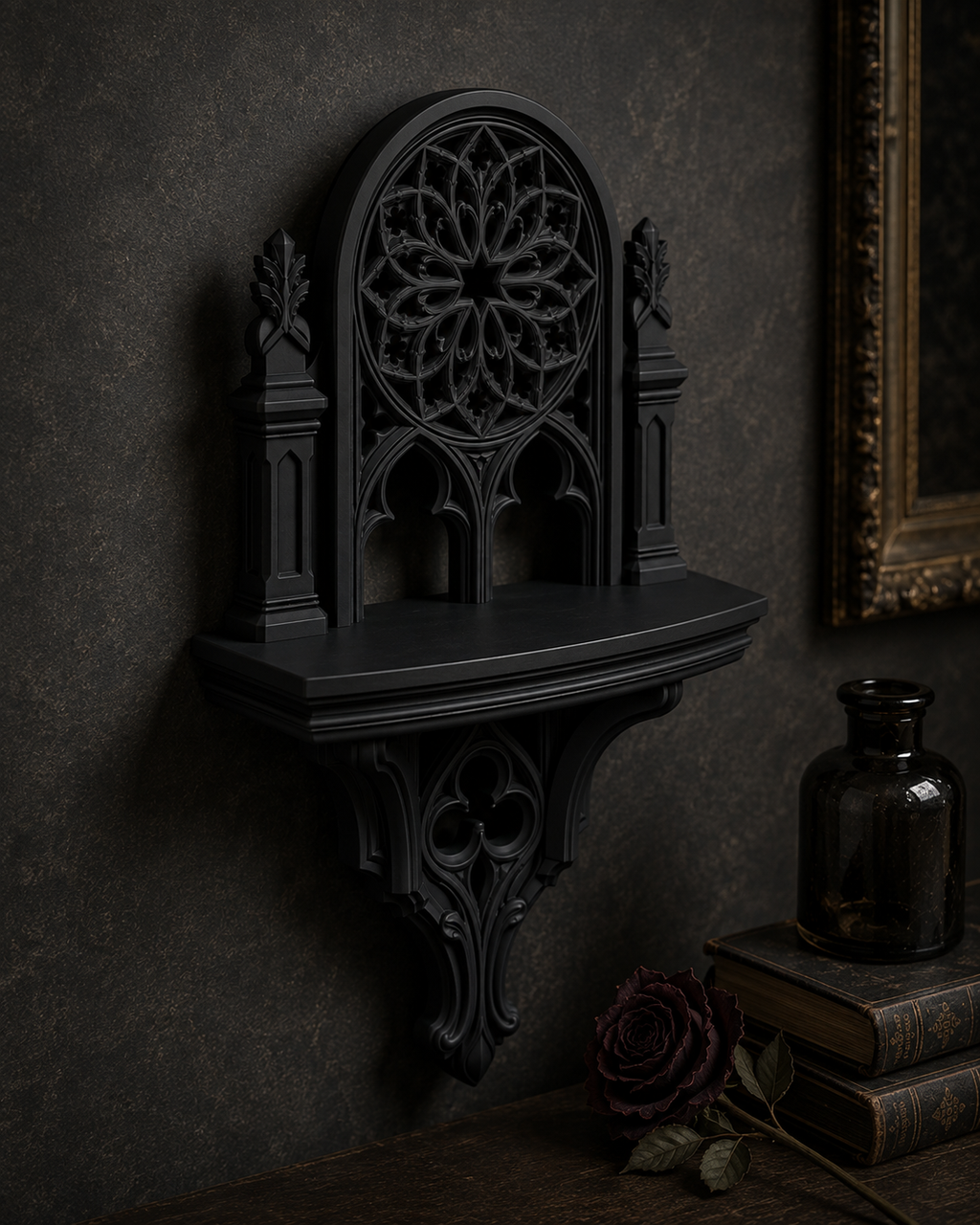 The Rose Chapel — Cathedral Wall Shelf, Gothic Rose Window Shelf, Hand-Painted