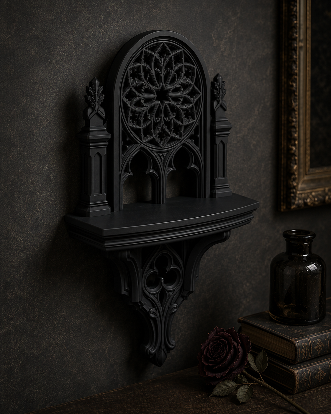 The Rose Chapel — Cathedral Wall Shelf, Gothic Rose Window Shelf, Hand-Painted