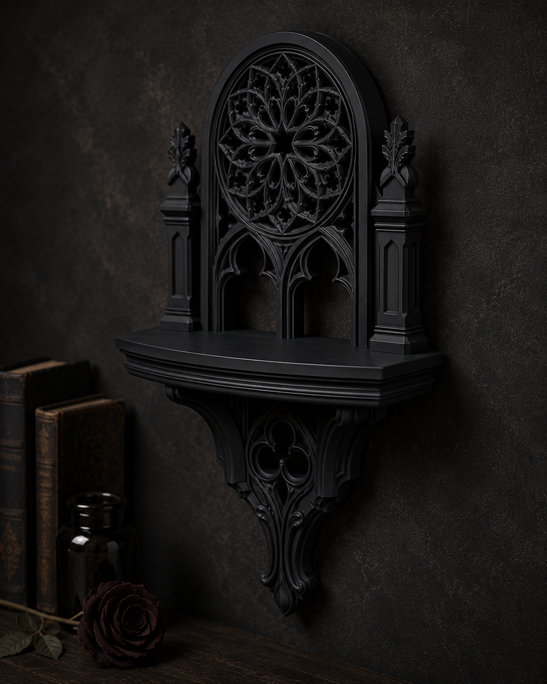 The Rose Chapel — Cathedral Wall Shelf, Gothic Rose Window Shelf, Hand-Painted