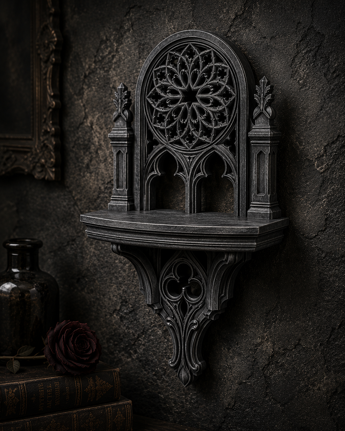 The Rose Chapel — Cathedral Wall Shelf, Gothic Rose Window Shelf, Hand-Painted