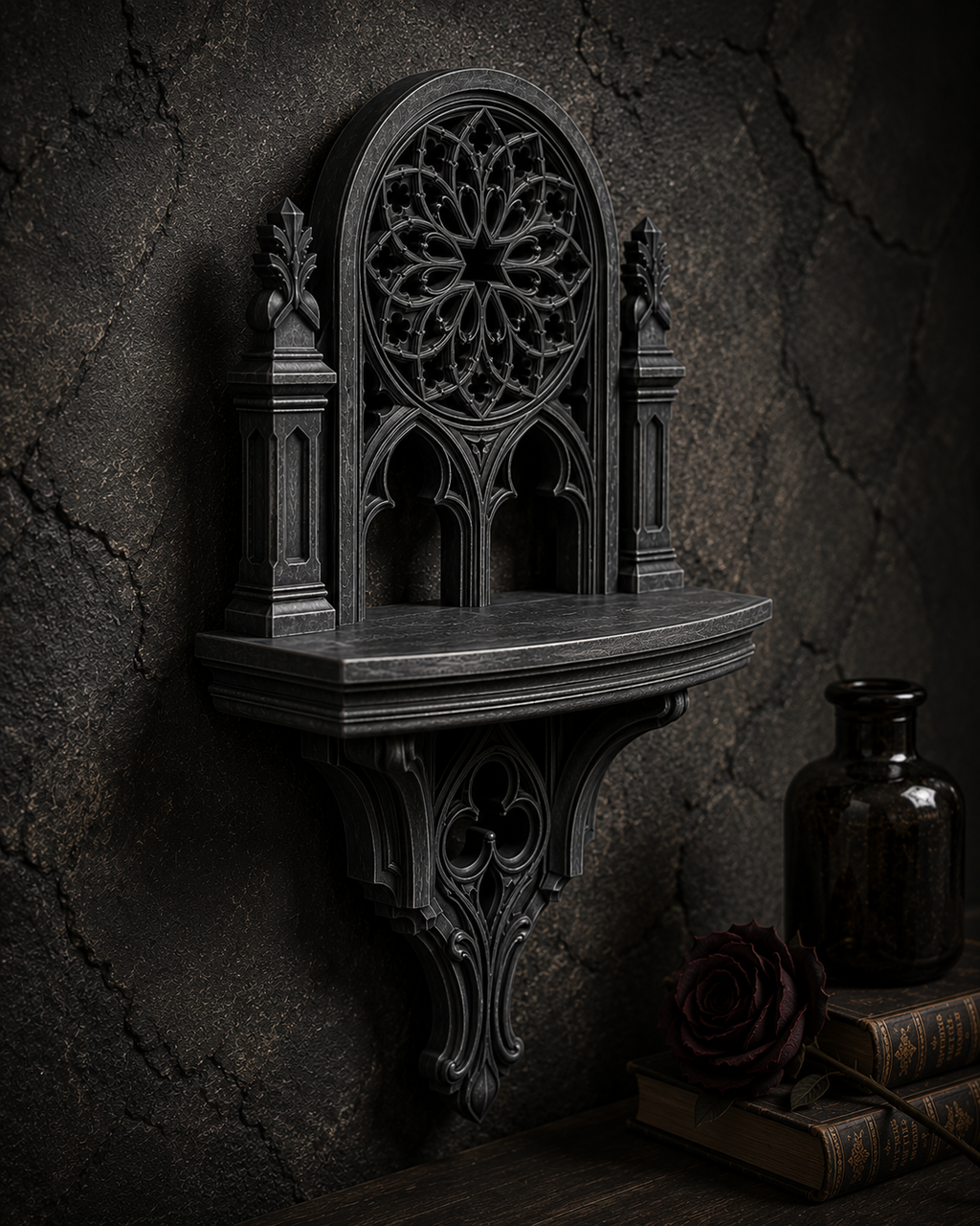 The Rose Chapel — Cathedral Wall Shelf, Gothic Rose Window Shelf, Hand-Painted