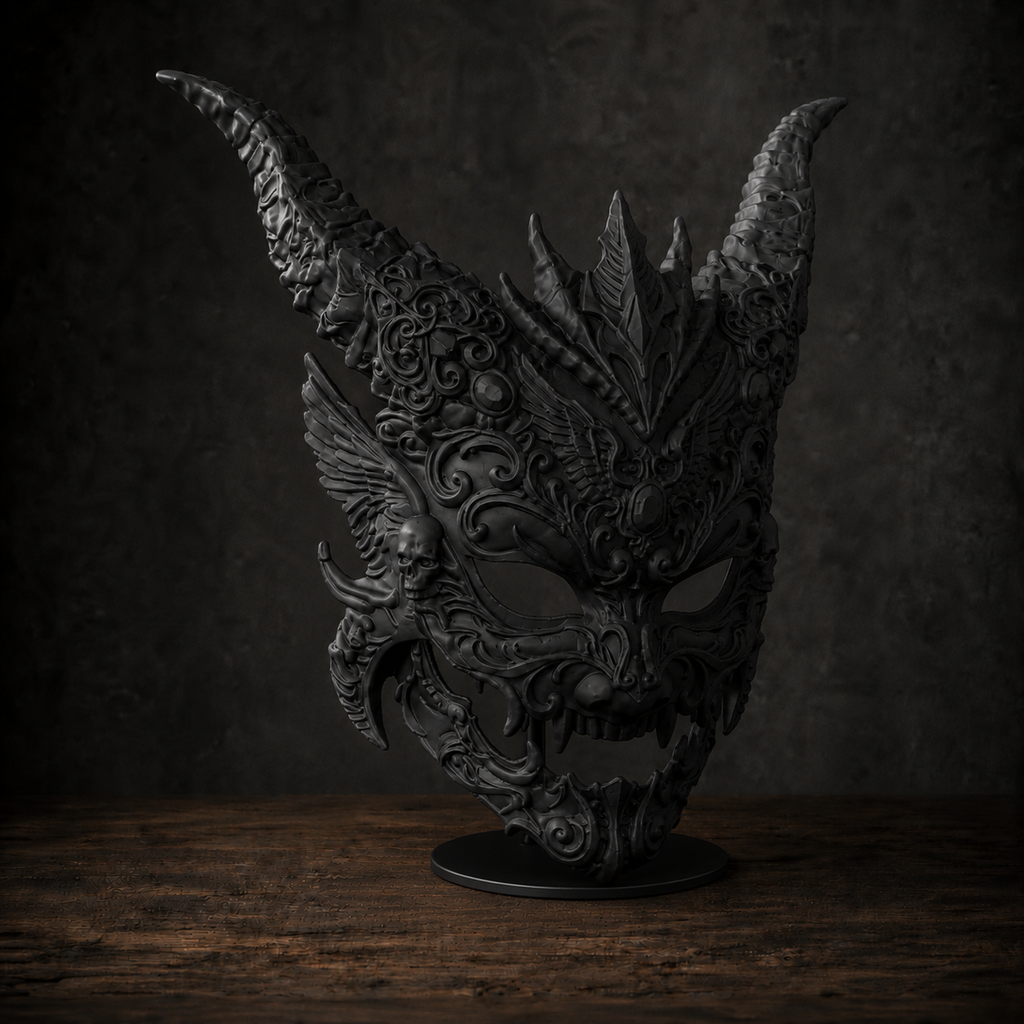 The Infernal Crown — Horned Demon Masquerade Mask, Gothic Halloween Décor, Hand-Painted