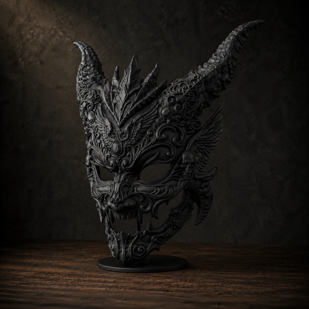 The Infernal Crown — Horned Demon Masquerade Mask, Gothic Halloween Décor, Hand-Painted