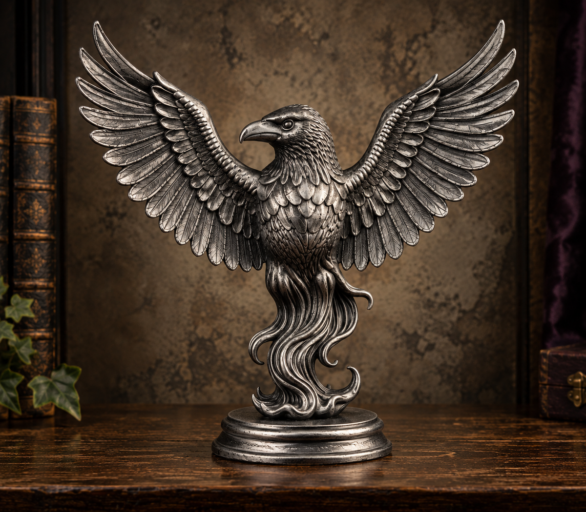 The Perched Omen — Winged Raven Figurine, Gothic Corvid Shelf Decor