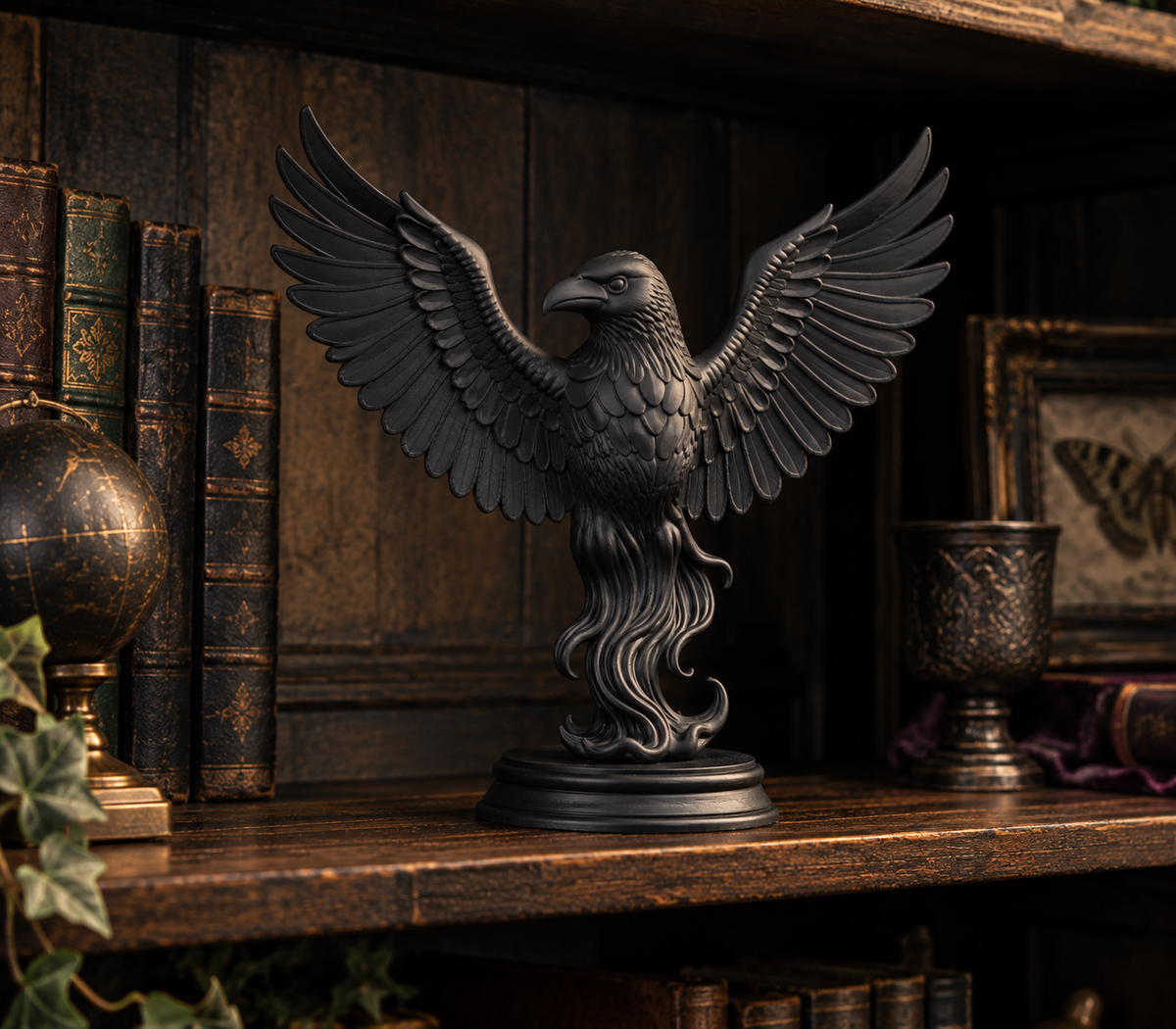 The Perched Omen — Winged Raven Figurine, Gothic Corvid Shelf Decor