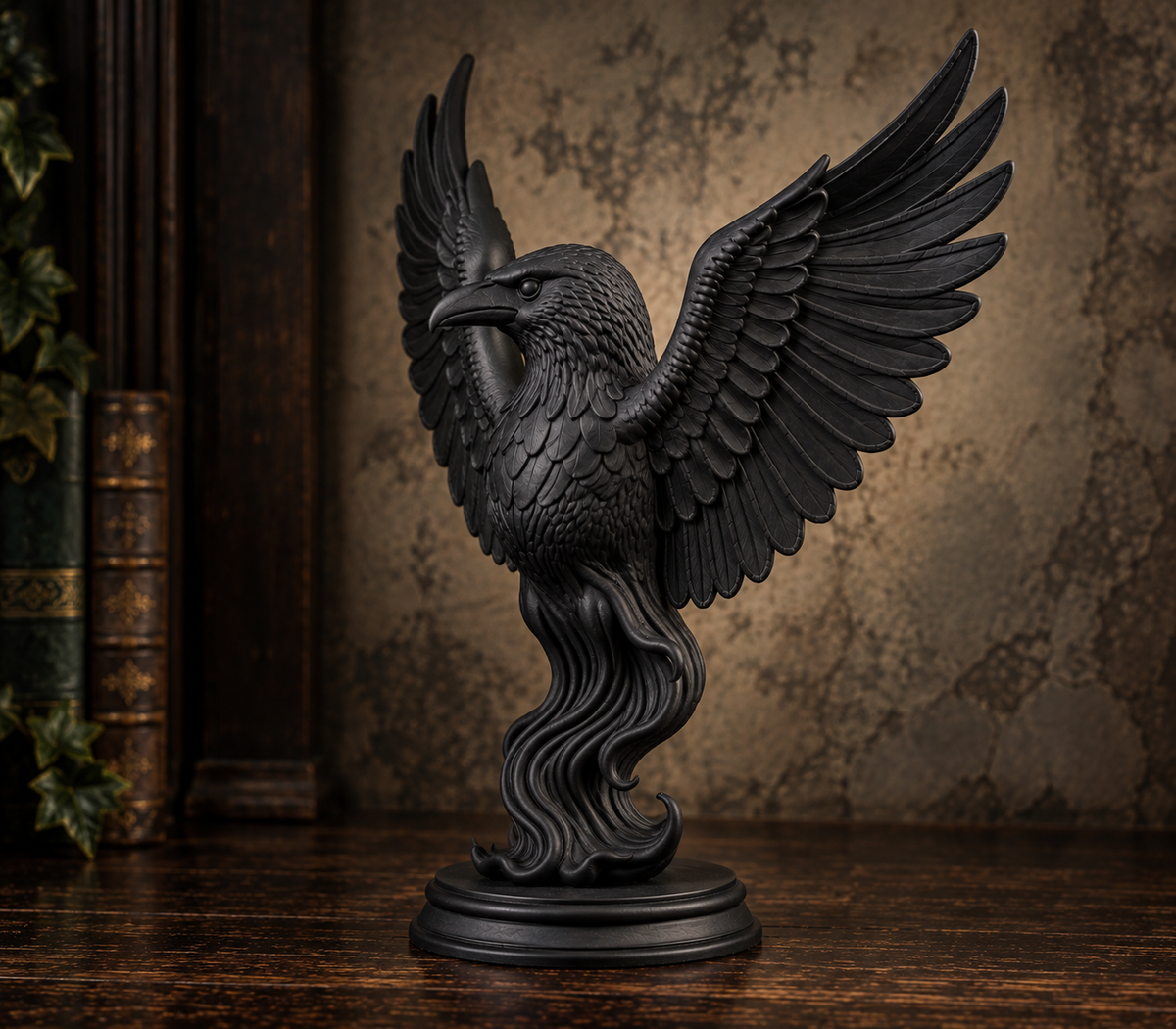 The Perched Omen — Winged Raven Figurine, Gothic Corvid Shelf Decor