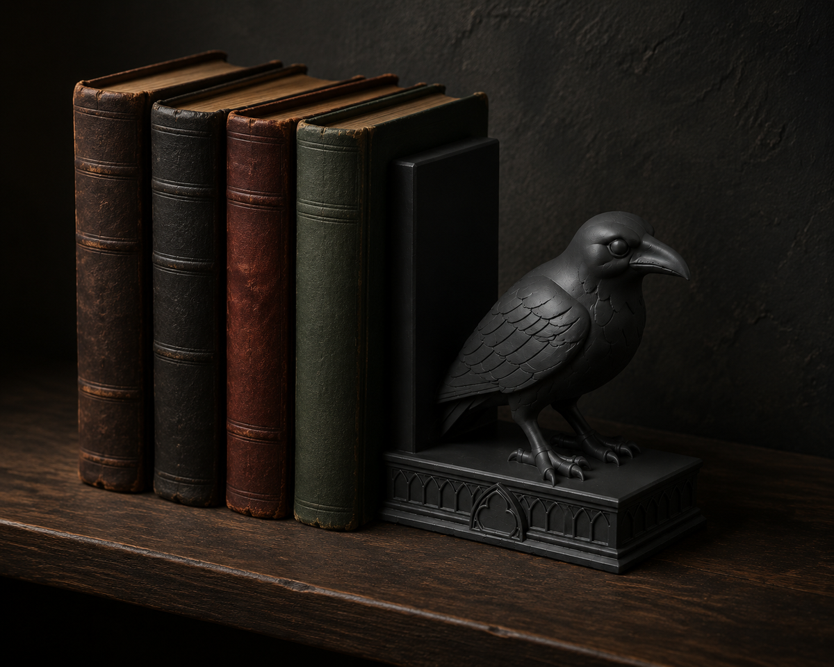 The Quiet Corvid — Gothic Raven Bookend, Dark Academia Bookshelf Decor