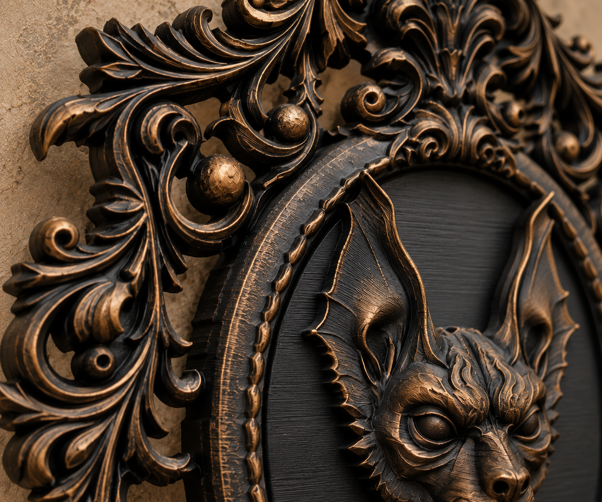 The Rafter Dweller — Gothic Bat Cameo Wall Plaque, Baroque Halloween Decor