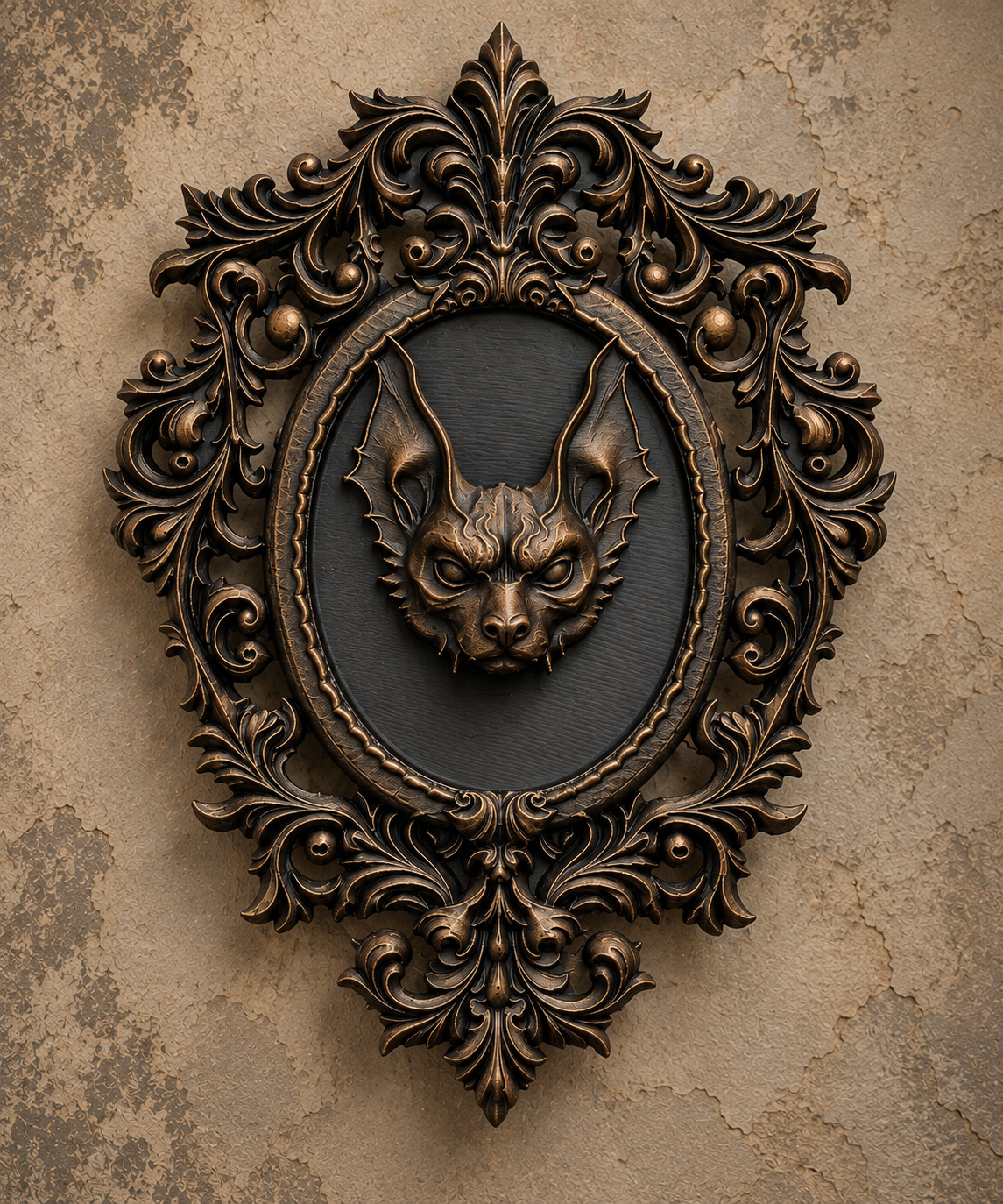The Rafter Dweller — Gothic Bat Cameo Wall Plaque, Baroque Halloween Decor