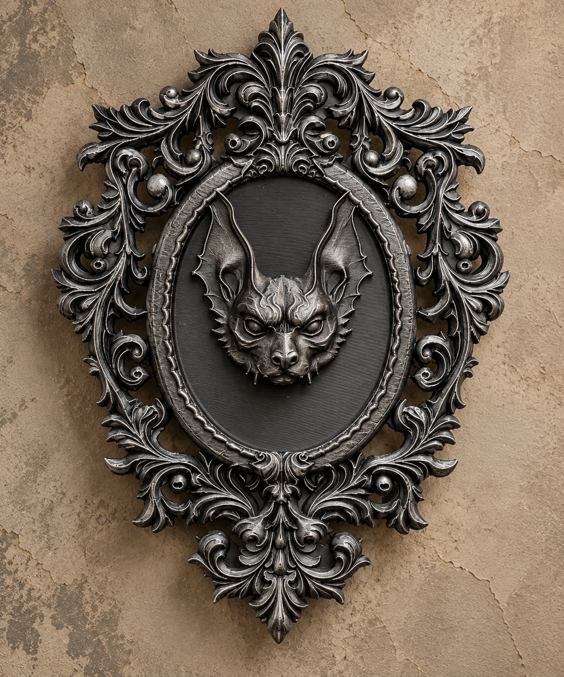 The Rafter Dweller — Gothic Bat Cameo Wall Plaque, Baroque Halloween Decor