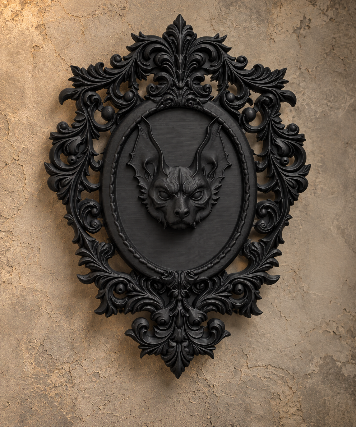 The Rafter Dweller — Gothic Bat Cameo Wall Plaque, Baroque Halloween Decor