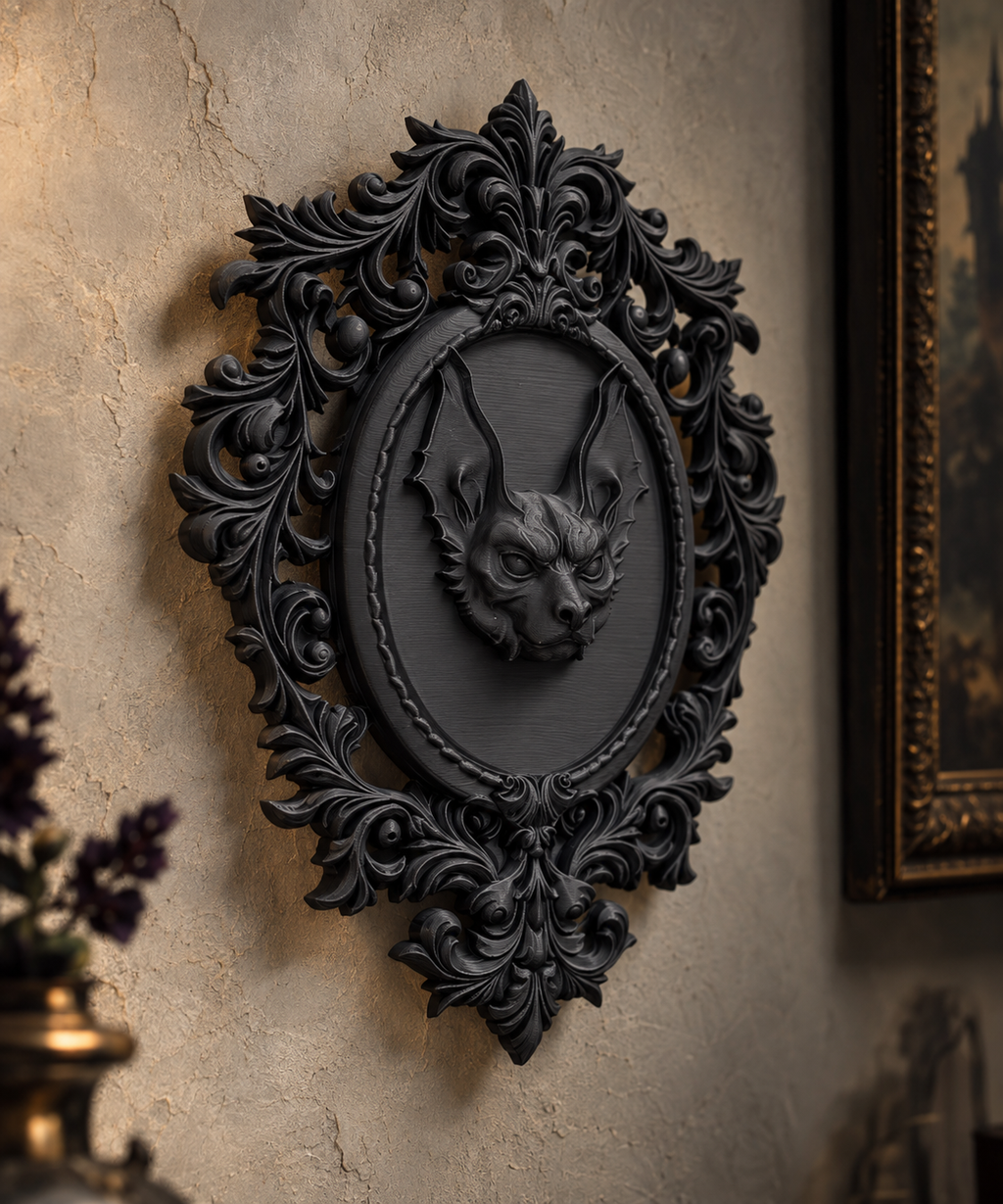 The Rafter Dweller — Gothic Bat Cameo Wall Plaque, Baroque Halloween Decor