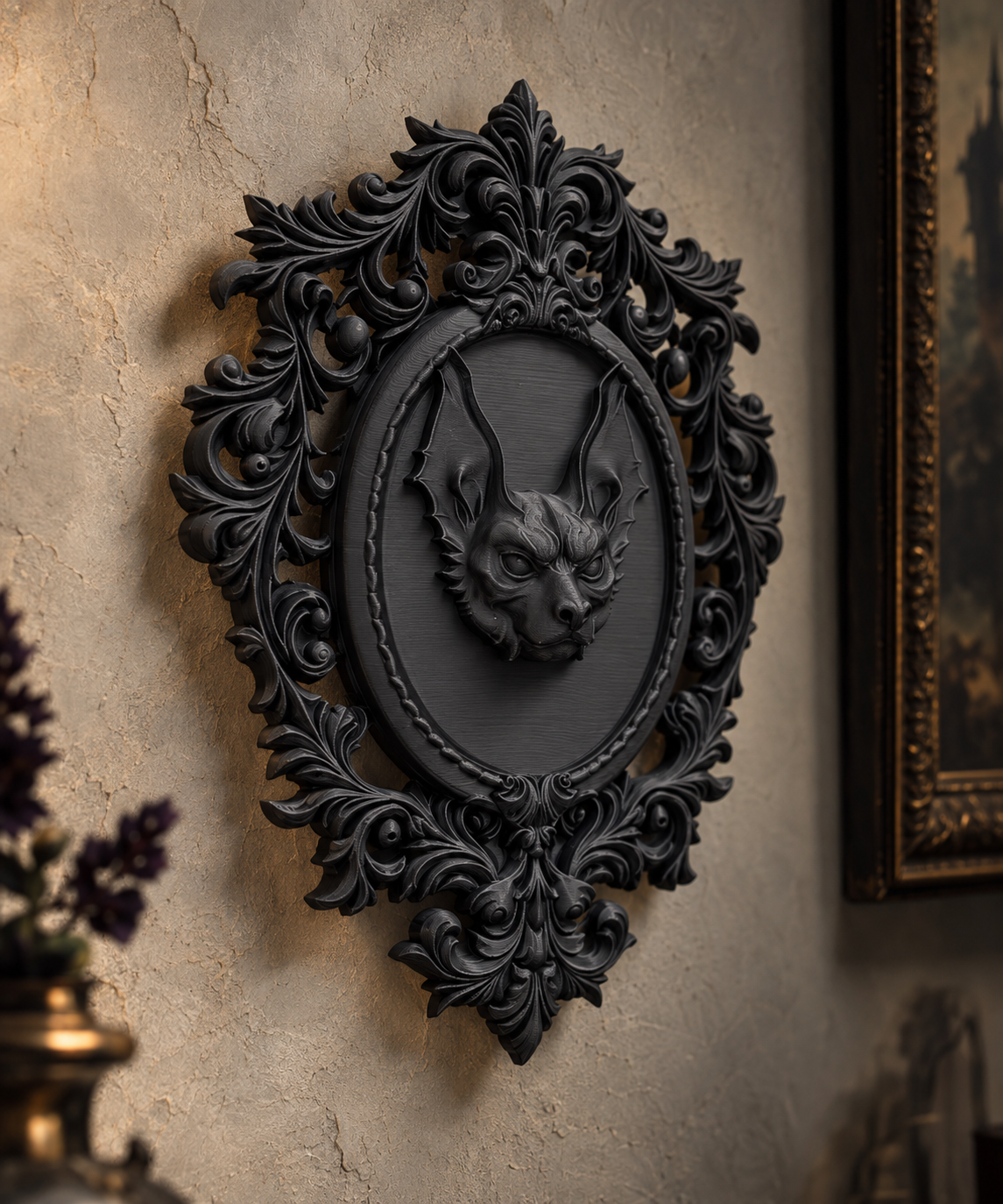 The Rafter Dweller — Gothic Bat Cameo Wall Plaque, Baroque Halloween Decor