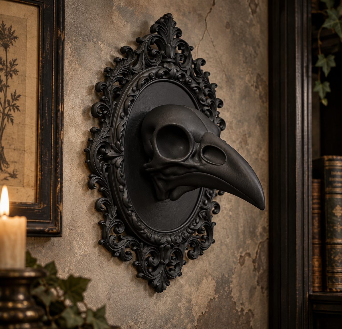 The Silent Augur — Raven Skull Wall Plaque, Gothic Memento Mori Wall Decor