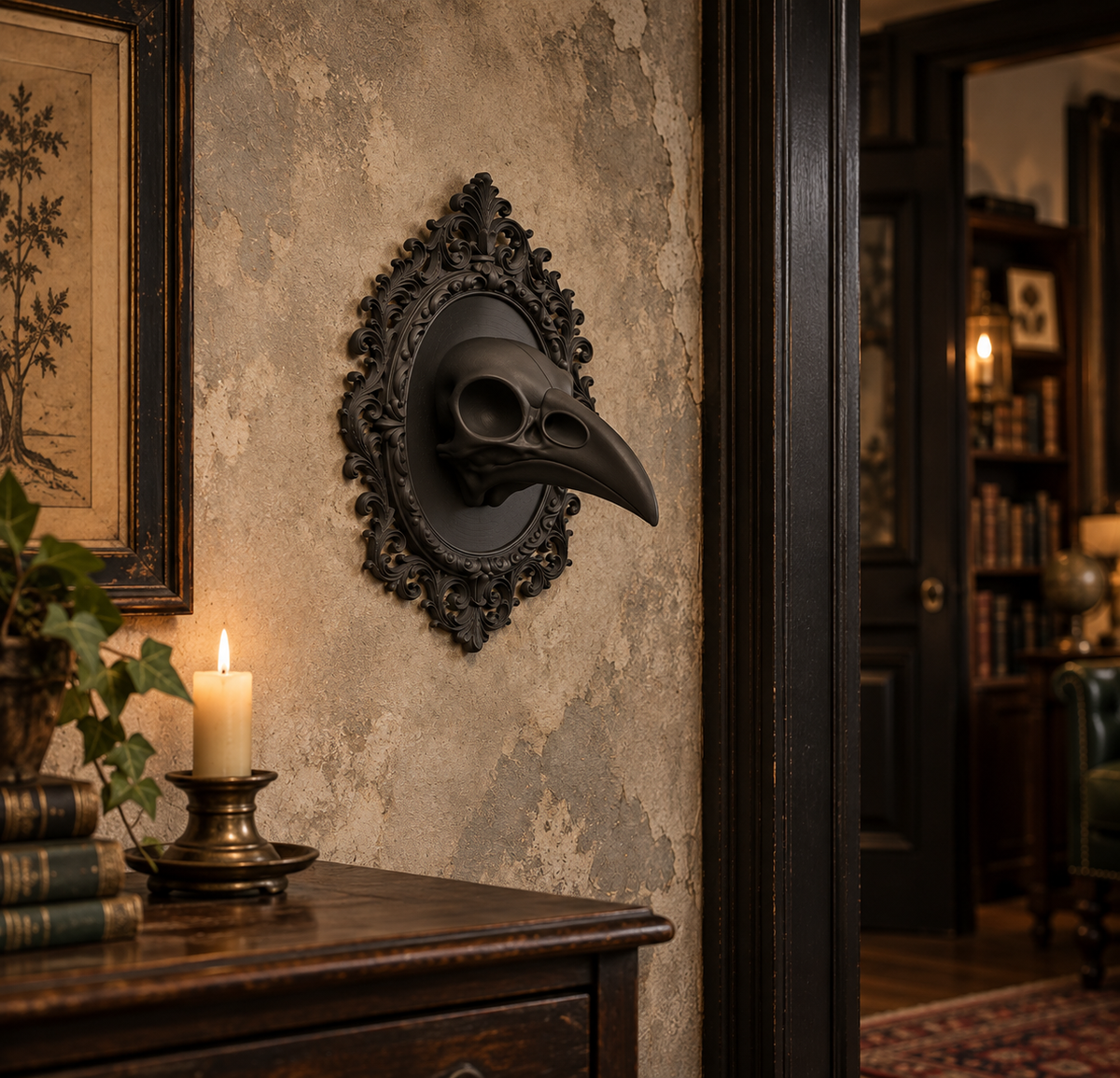 The Silent Augur — Raven Skull Wall Plaque, Gothic Memento Mori Wall Decor