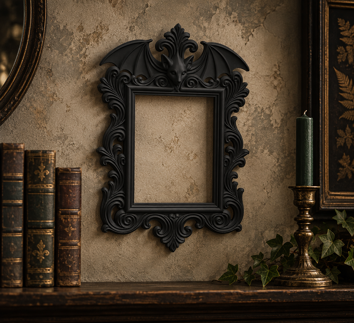 The Vesper — Gothic Bat Photo Frame, Baroque Halloween Wall Frame