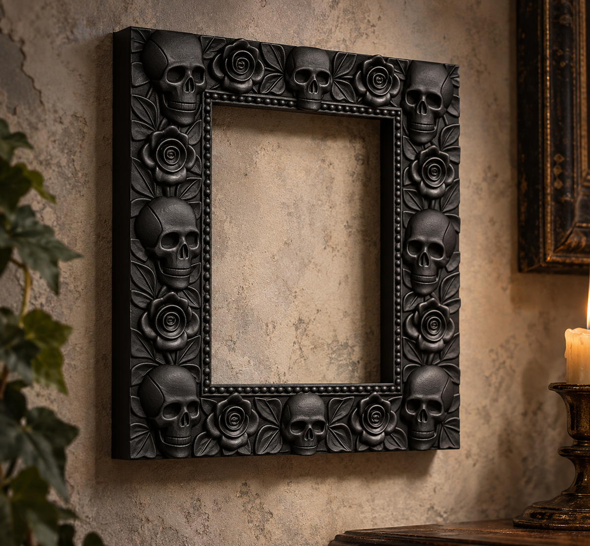 The Widow’s Garland — Skull & Rose Photo Frame, Gothic Memento Mori Wall Frame