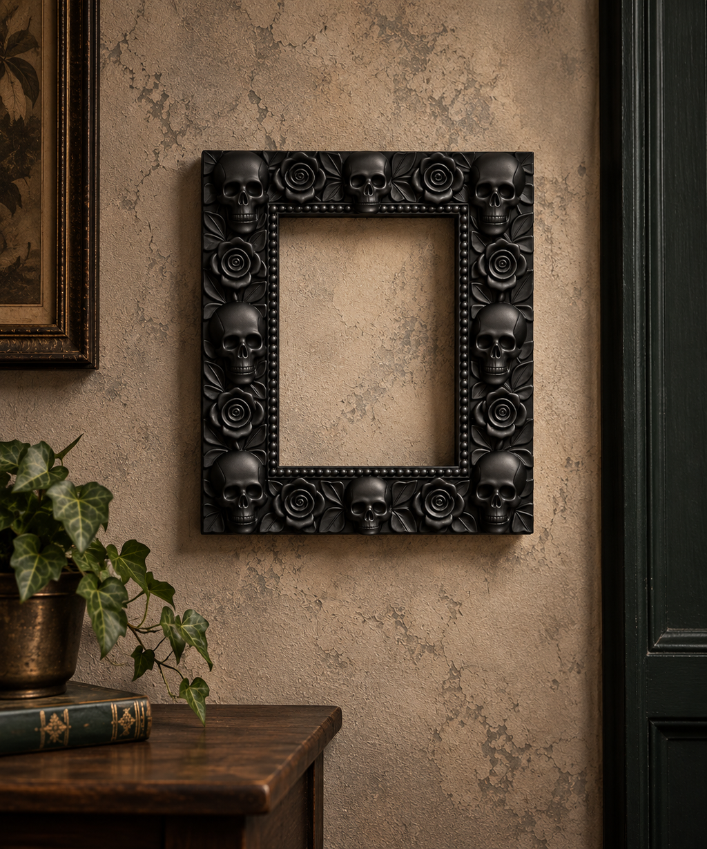The Widow’s Garland — Skull & Rose Photo Frame, Gothic Memento Mori Wall Frame