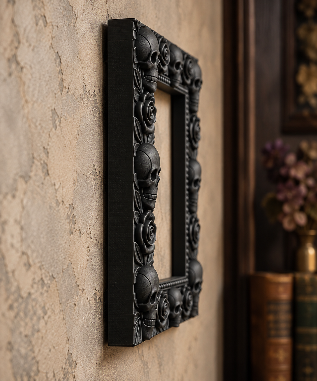 The Widow’s Garland — Skull & Rose Photo Frame, Gothic Memento Mori Wall Frame