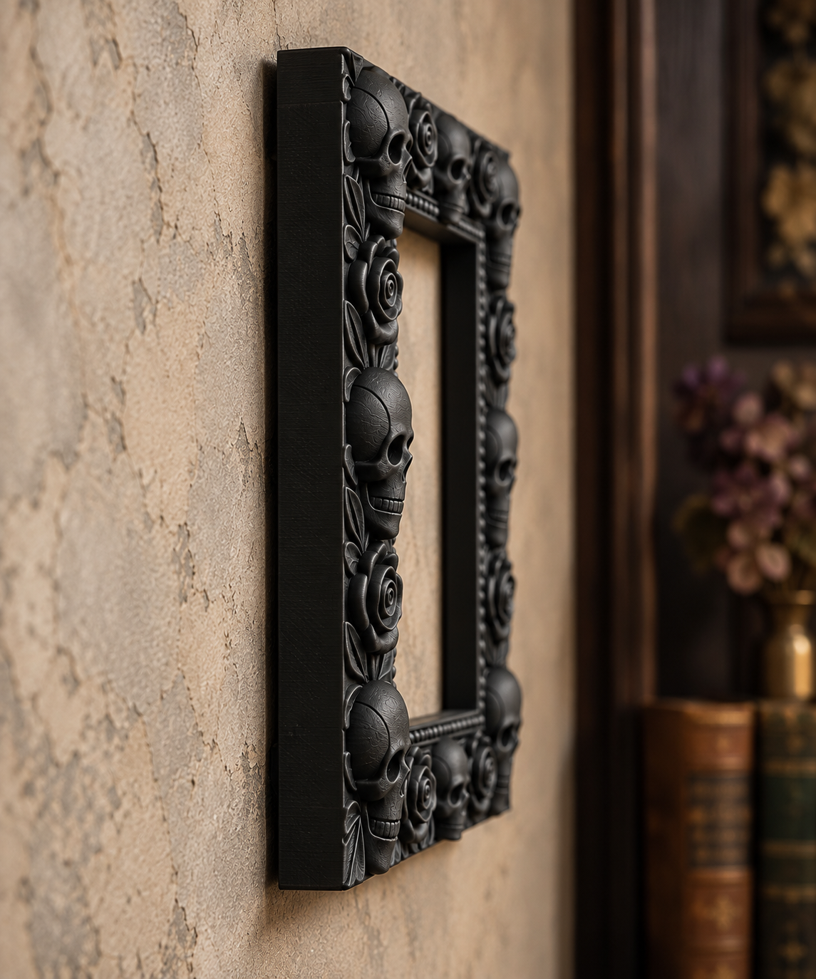The Widow’s Garland — Skull & Rose Photo Frame, Gothic Memento Mori Wall Frame