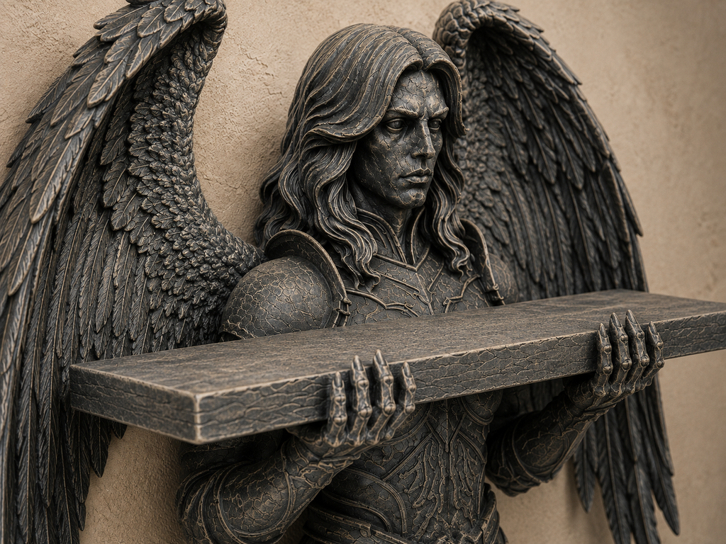 The Fallen Sentinel — Gothic Angel Wall Shelf, Winged Crystal Shelf, Hand-Painted
