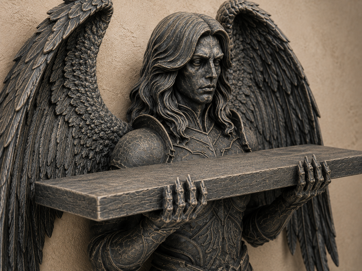 The Fallen Sentinel — Gothic Angel Wall Shelf, Winged Crystal Shelf, Hand-Painted