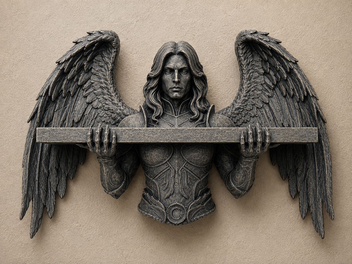 The Fallen Sentinel — Gothic Angel Wall Shelf, Winged Crystal Shelf, Hand-Painted