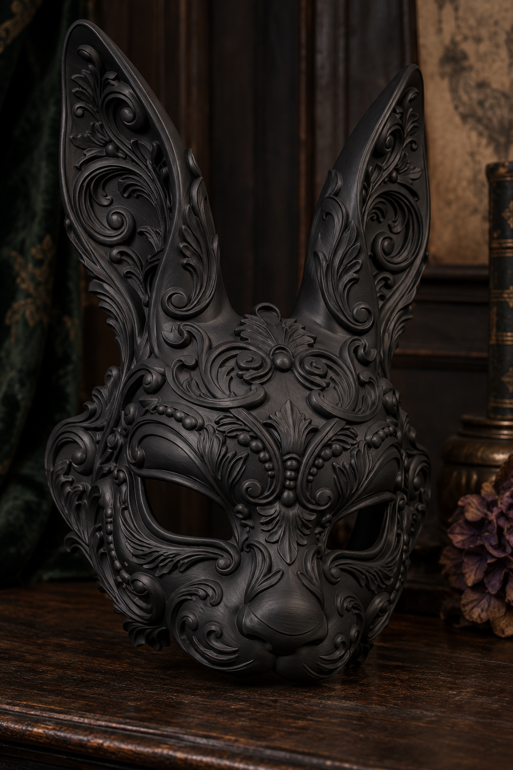 The Moonlit Hare — Baroque Rabbit Masquerade Mask, Gothic Hare Decor, Hand-Painted