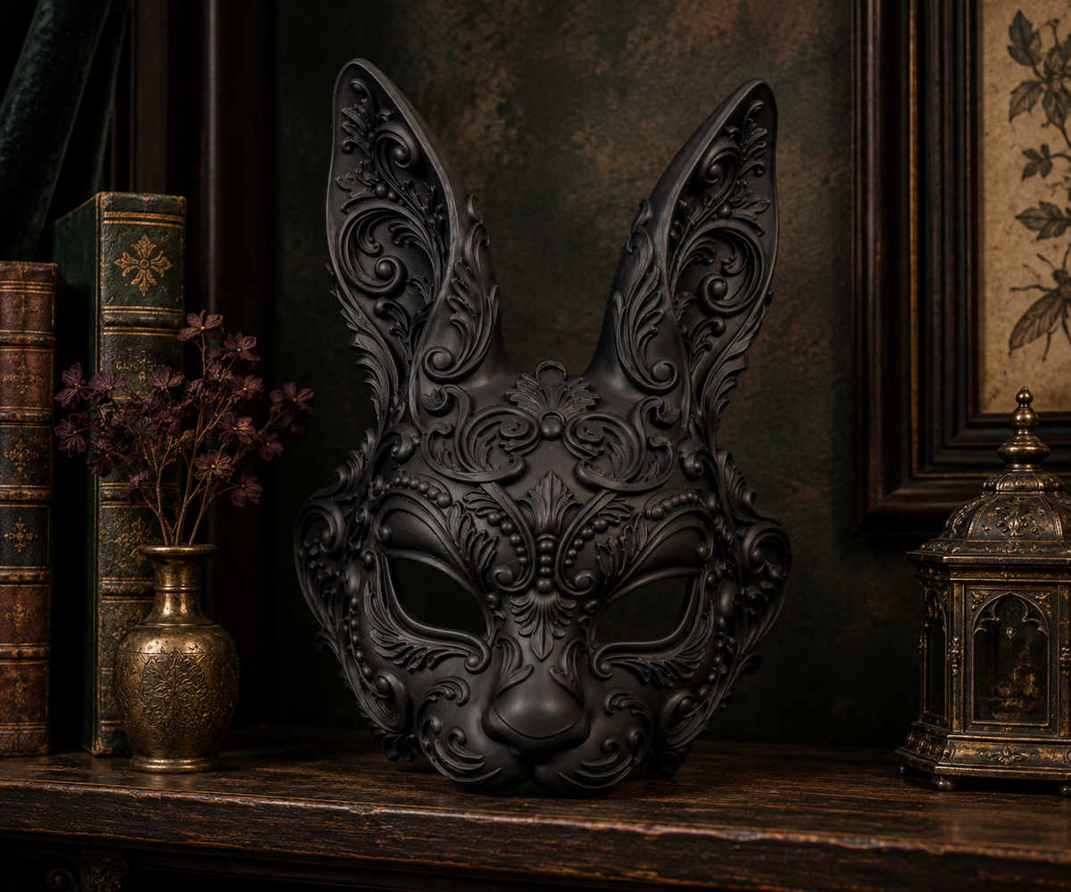 The Moonlit Hare — Baroque Rabbit Masquerade Mask, Gothic Hare Decor, Hand-Painted
