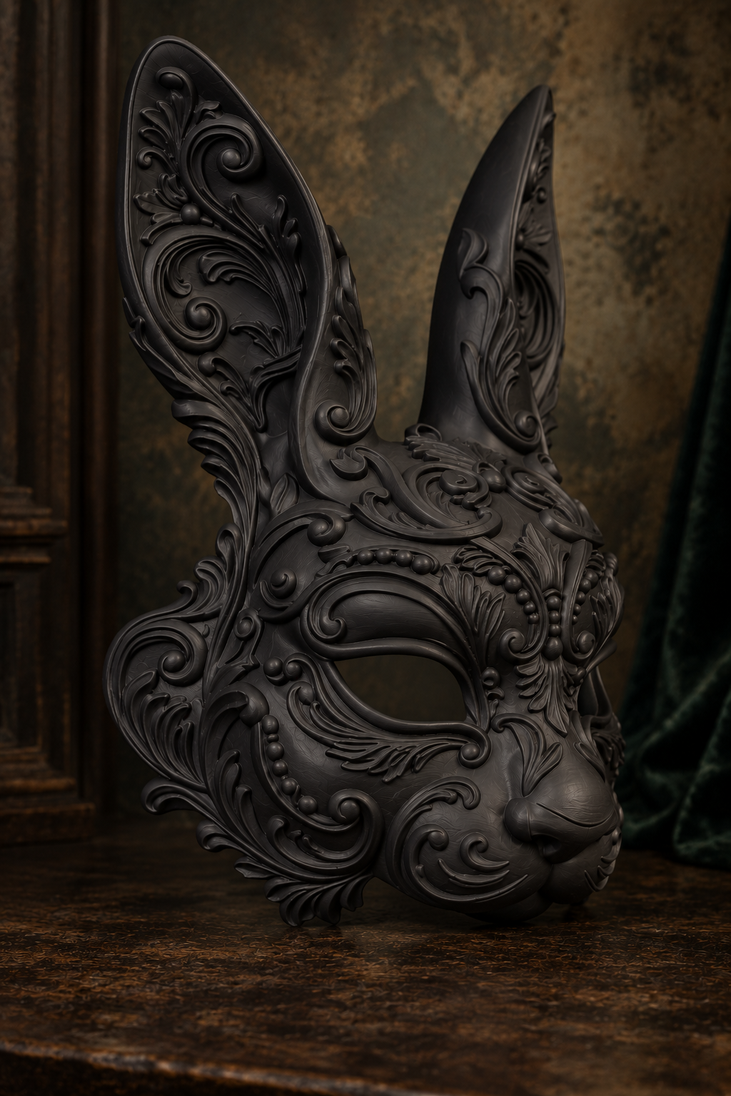 The Moonlit Hare — Baroque Rabbit Masquerade Mask, Gothic Hare Decor, Hand-Painted