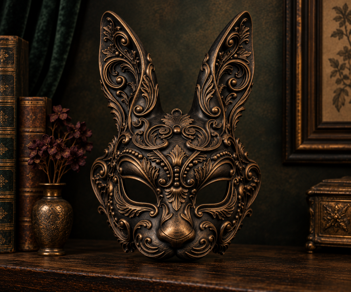 The Moonlit Hare — Baroque Rabbit Masquerade Mask, Gothic Hare Decor, Hand-Painted