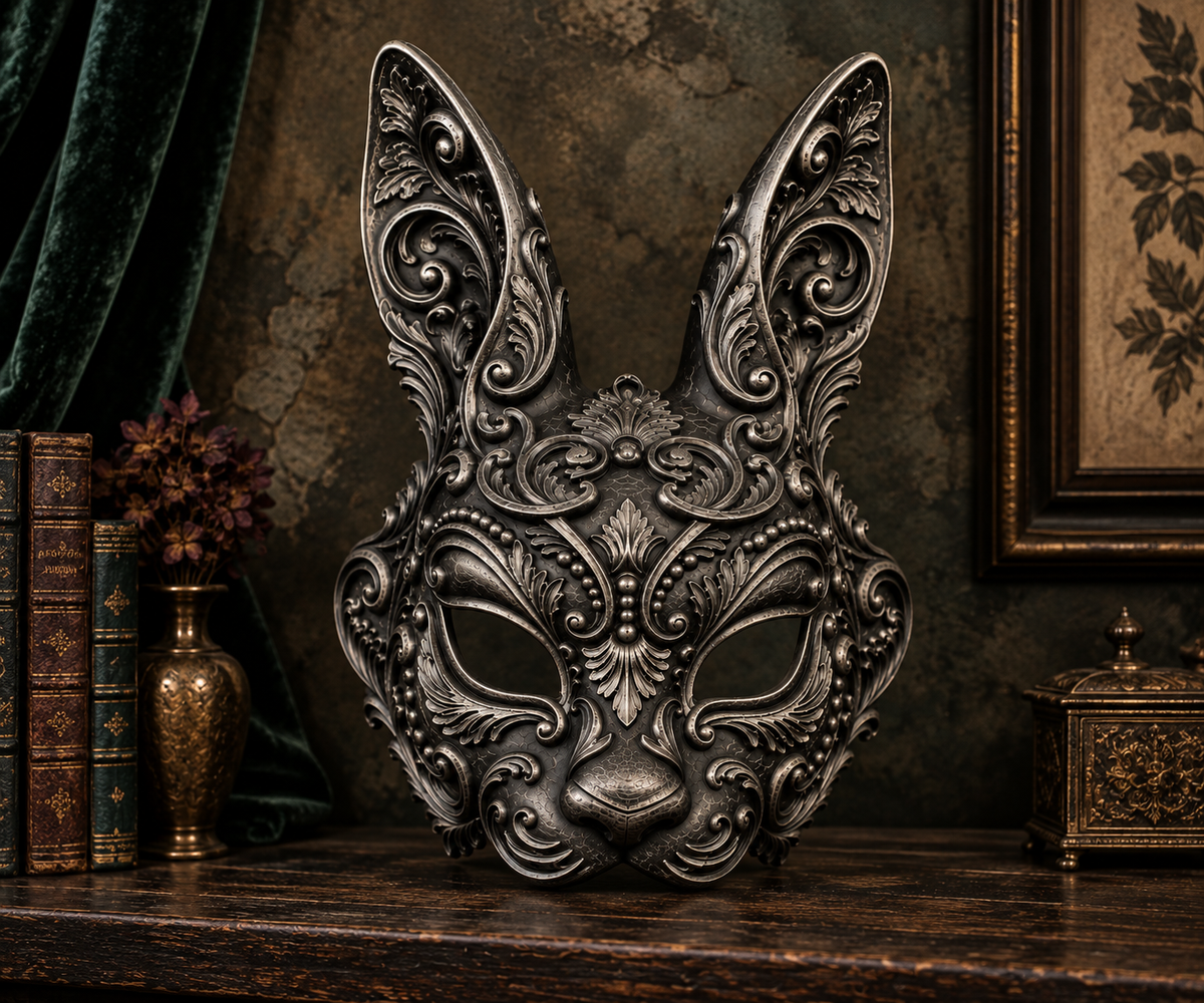 The Moonlit Hare — Baroque Rabbit Masquerade Mask, Gothic Hare Decor, Hand-Painted