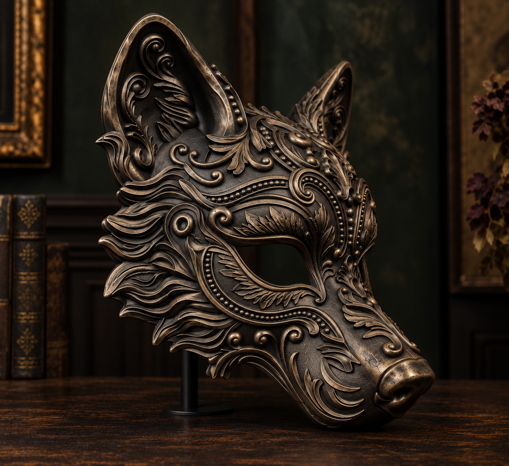 The Sly Regent — Baroque Fox Masquerade Mask, Kitsune Halloween Mask, Hand-Painted