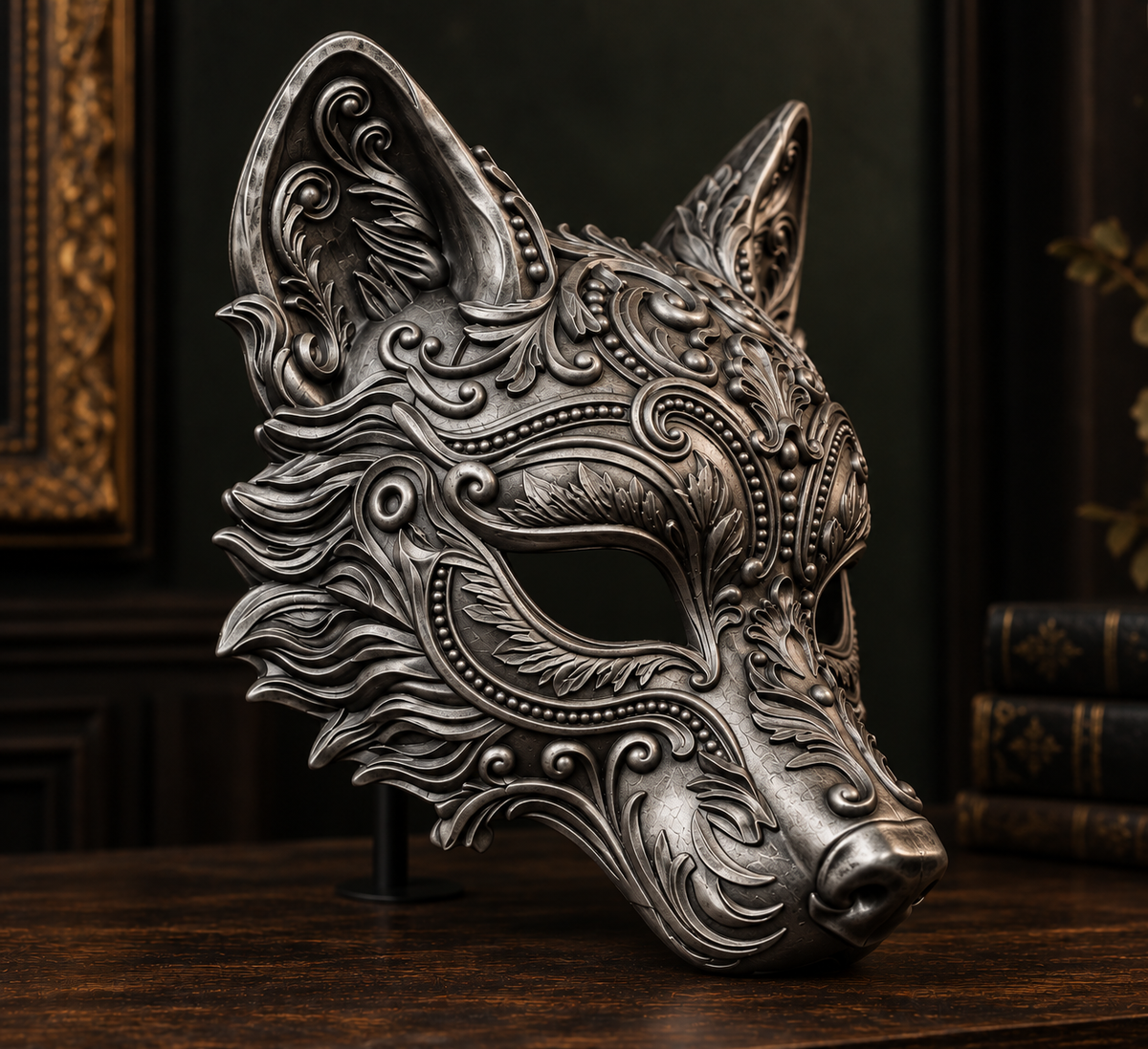 The Sly Regent — Baroque Fox Masquerade Mask, Kitsune Halloween Mask, Hand-Painted