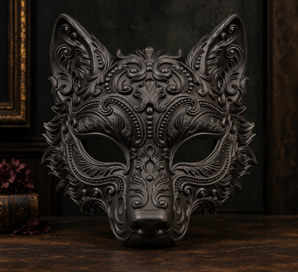 The Sly Regent — Baroque Fox Masquerade Mask, Kitsune Halloween Mask, Hand-Painted