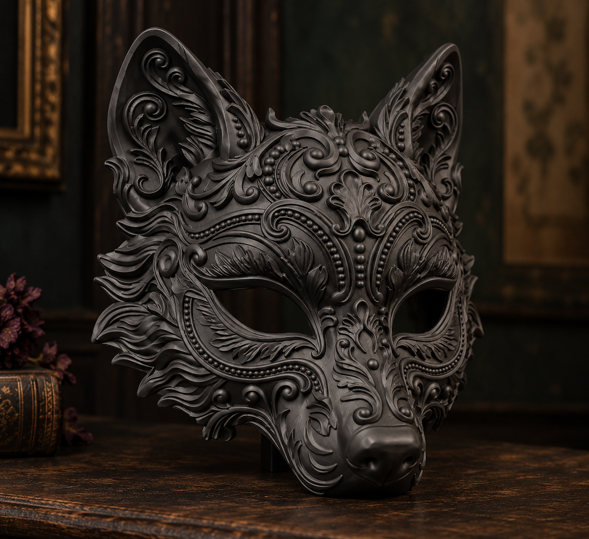 The Sly Regent — Baroque Fox Masquerade Mask, Kitsune Halloween Mask, Hand-Painted