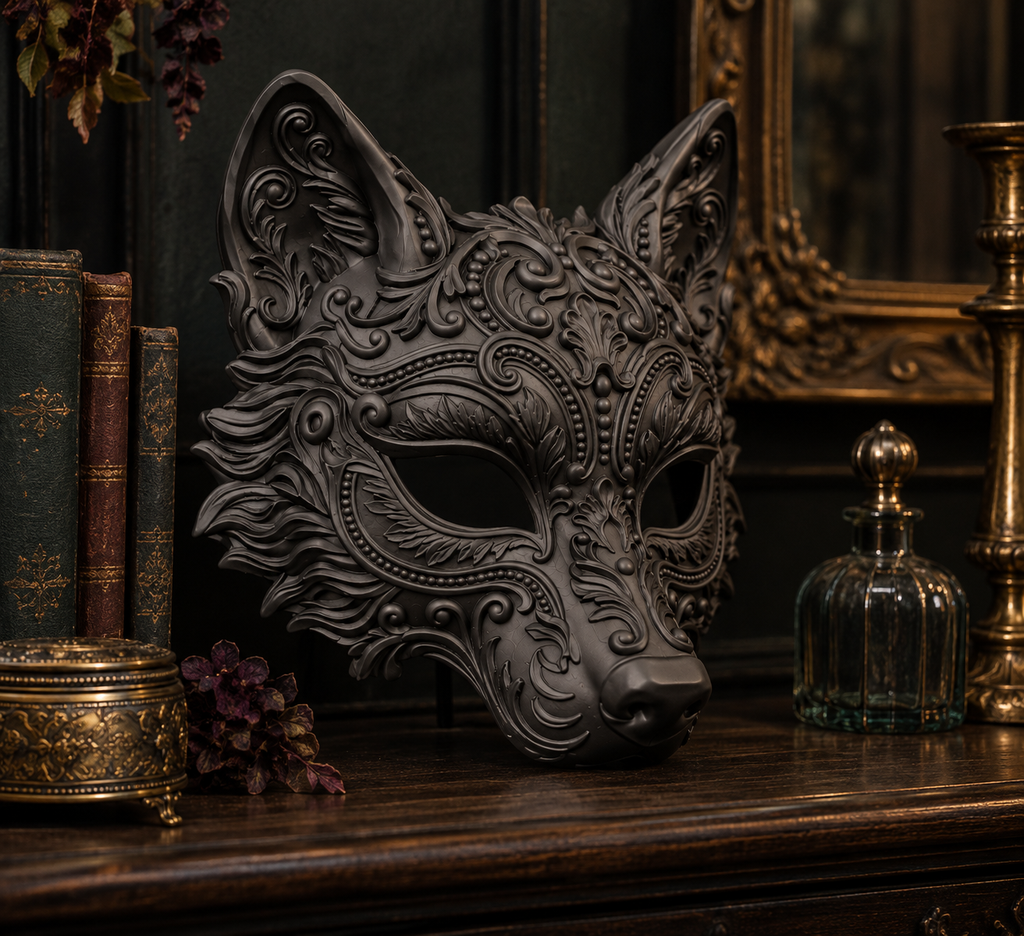The Sly Regent — Baroque Fox Masquerade Mask, Kitsune Halloween Mask, Hand-Painted