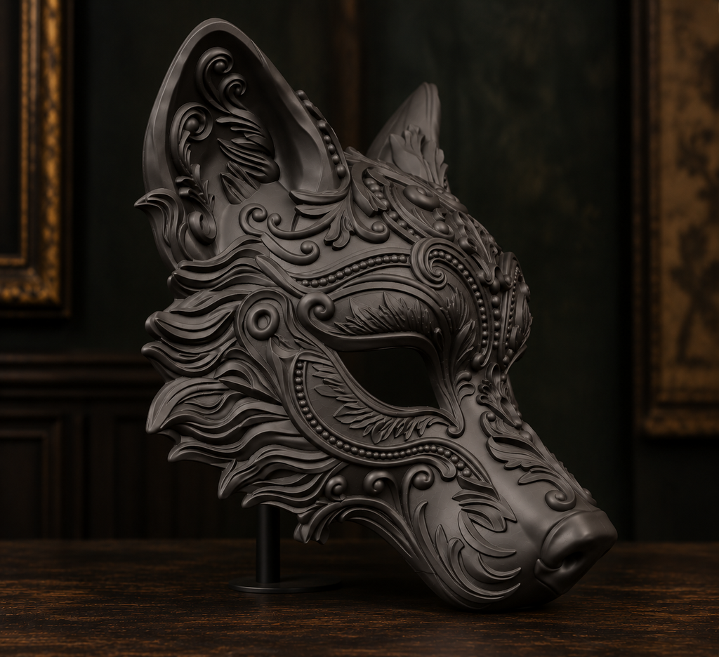 The Sly Regent — Baroque Fox Masquerade Mask, Kitsune Halloween Mask, Hand-Painted