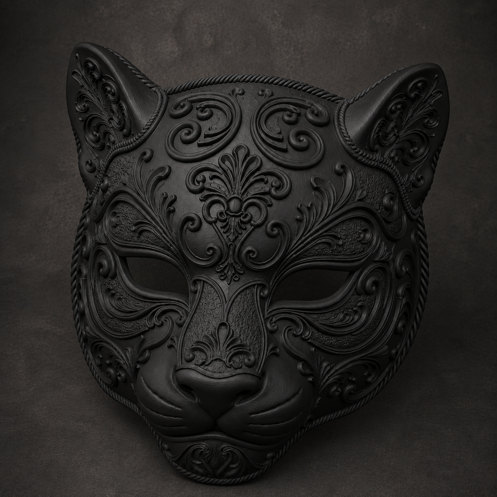 The Midnight Prowler — Baroque Panther Mask, Gothic Masquerade, Hand-Painted