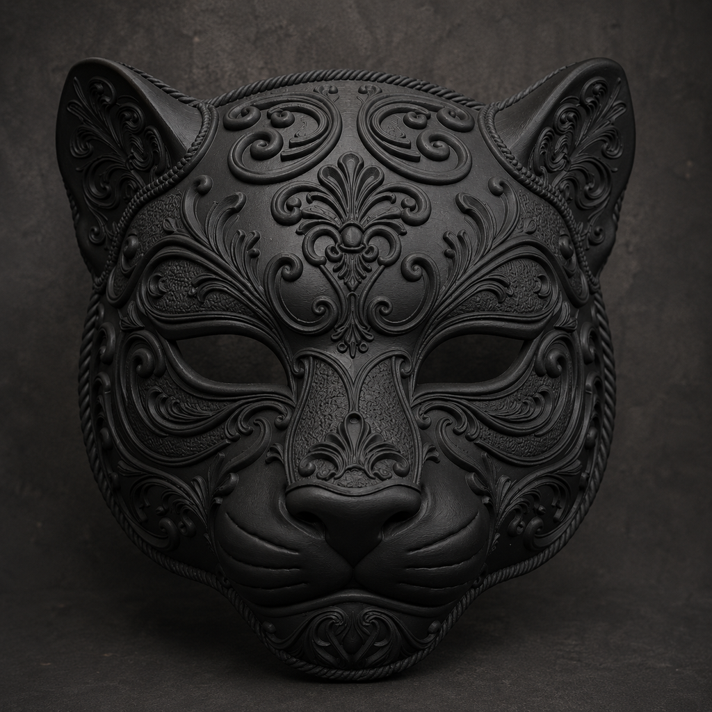 The Midnight Prowler — Baroque Panther Mask, Gothic Masquerade, Hand-Painted