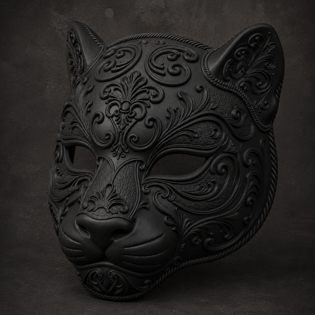 The Midnight Prowler — Baroque Panther Mask, Gothic Masquerade, Hand-Painted