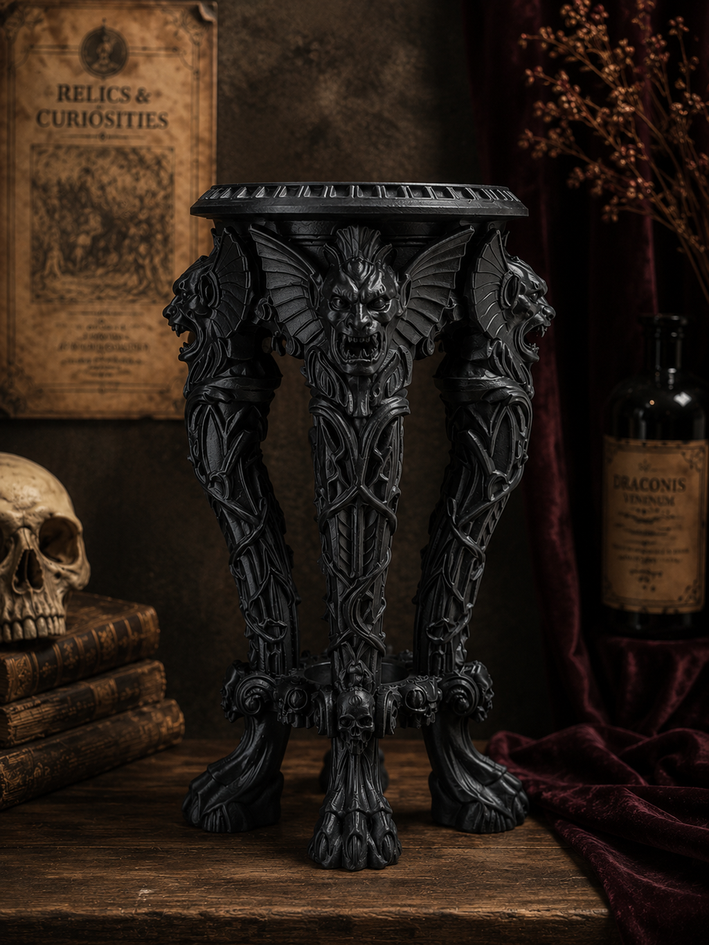 The Dark Guardian — Gargoyle Plant Stand, Gothic Tabletop Pedestal, Hand-Painted