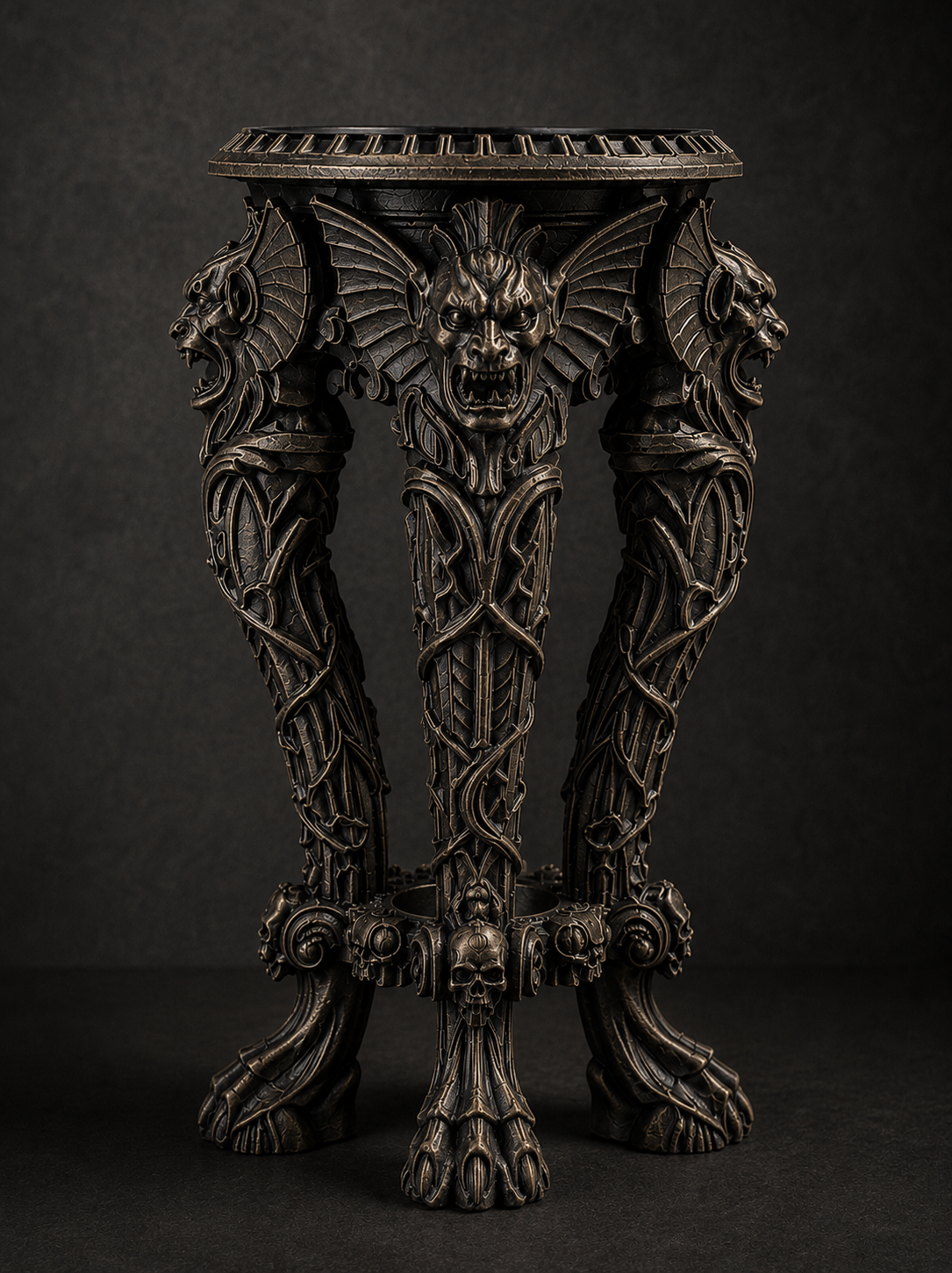 The Dark Guardian — Gargoyle Plant Stand, Gothic Tabletop Pedestal, Hand-Painted
