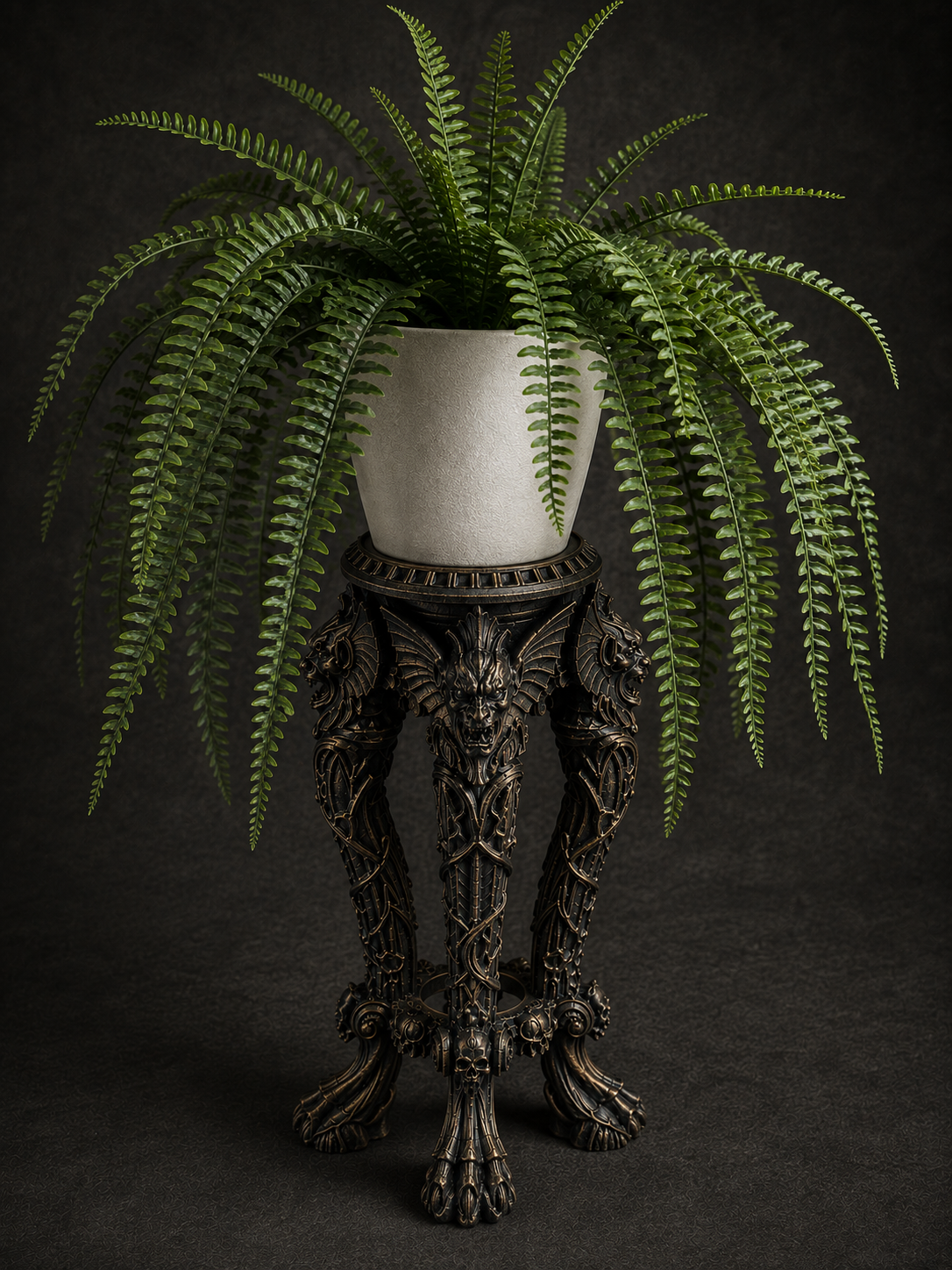 The Dark Guardian — Gargoyle Plant Stand, Gothic Tabletop Pedestal, Hand-Painted