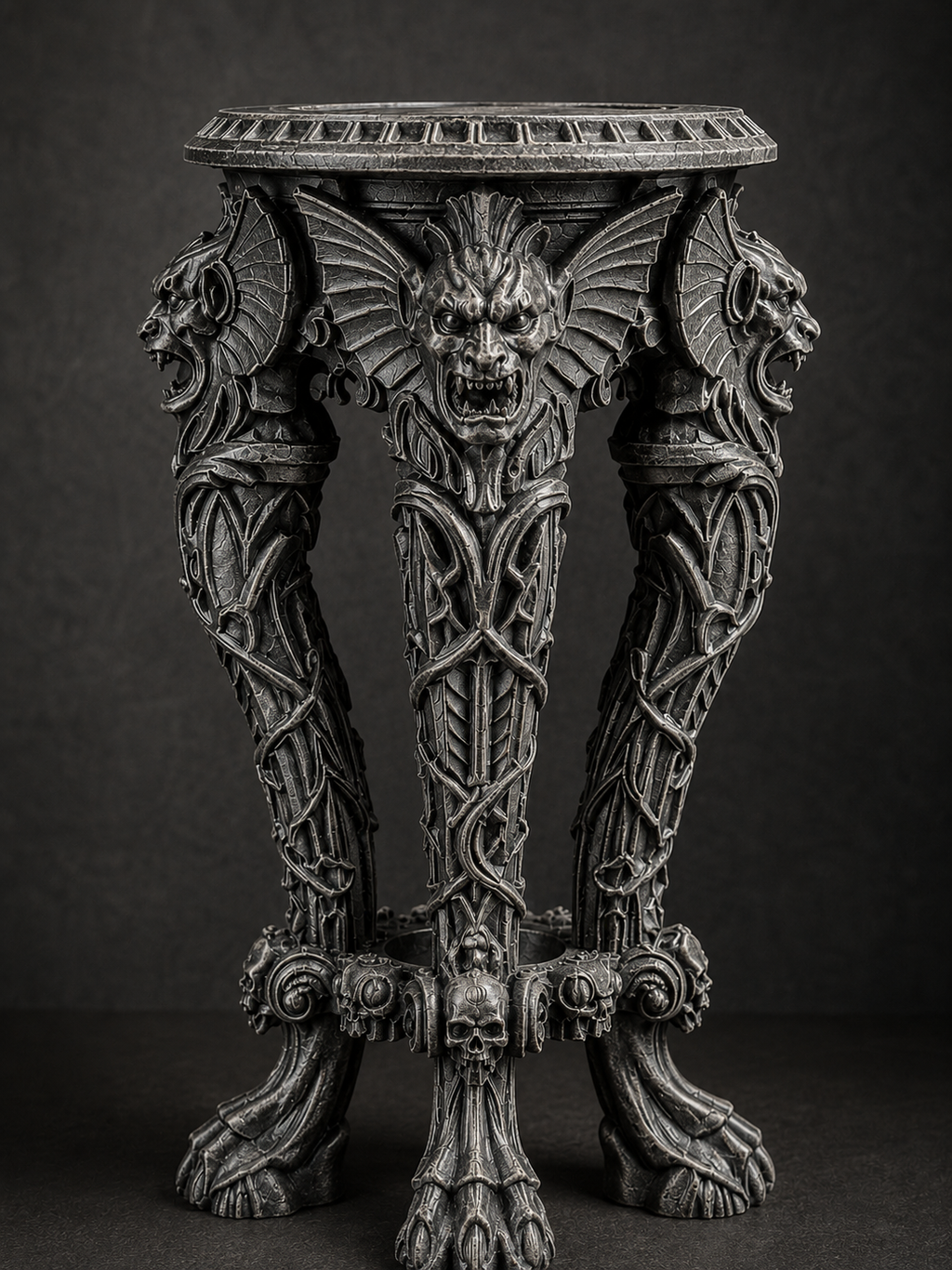 The Dark Guardian — Gargoyle Plant Stand, Gothic Tabletop Pedestal, Hand-Painted
