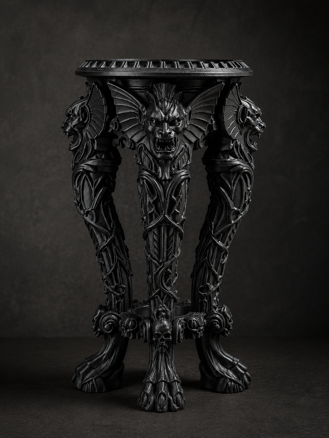 The Dark Guardian — Gargoyle Plant Stand, Gothic Tabletop Pedestal, Hand-Painted